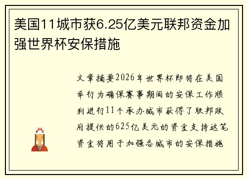 美国11城市获6.25亿美元联邦资金加强世界杯安保措施 美国11城市获6.25亿美元联邦资金加强世界杯安保措施